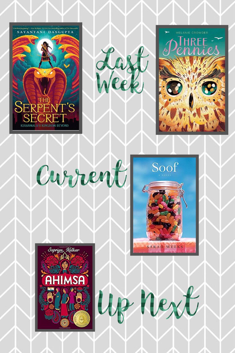 It’s #MGBookMonday! 
•Absolutely loved The Serpent’s Secret & will be booktalking it to my Ss today!  
•Three Pennies had a unique way of being told from multiple perspectives. Glad to see it’s a #GRA18 contender. 
•Started Soof yesterday and I’m worried already! 
#MGbookathon
