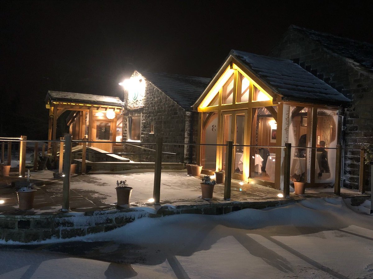 A photo from <a href="/3AcresInn/">3Acres</a> #Huddersfield. Proud to see our #oakframed extensions glowing warm despite the snowy scene outside ❄️