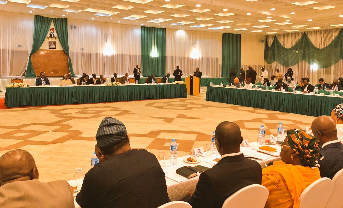 NGRPresident's tweet photo. 7th Presidential Quarterly Business Forum #PQBForum. Vice President @ProfOsinbajo presiding. Ministers of Petroleum; Budget and National Planning; Finance; Industry, Trade and Investment; and Special Adviser to the President on Economic Matters, in attendance. #AsoVillaToday https://t.co/SFYmtglSpt