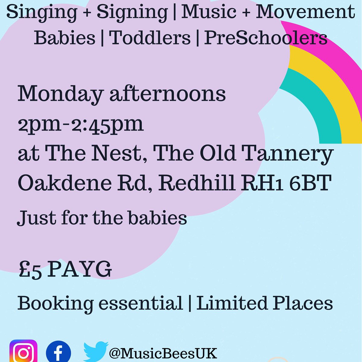 MusicBeesUK's tweet photo. 🌈Music Bees 🐝🎶 TODAY 2pm @ #TheNest! #singing #signing #livemusic 0-18 months £5 PAYG. To book: @MusicBeesUK / MusicBeesUK@gmail.com Don’T forget to #RockYourSocks for #WDSD2017 MusicBeesUK #babygroups #babymusic  #ukelele #Kodaly #Makaton #yourbabyneedsmusic #Redhill #Surrey https://t.co/6E3afxYGiQ