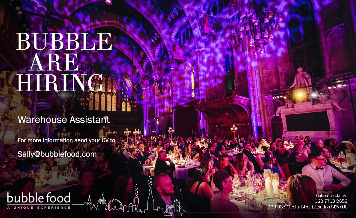 We are hiring! Our passionate team create incredible events. We are currently looking for a Warehouse Assistant to join us. Please send your CV to Sally@bubblefood.com
#eventjobs #eventsjobs #warehouse #warehouseteam #JobVacancy #londonjobs #londonvacancy
Venue <a href="/GuildhallLondon/">Guildhall London</a>