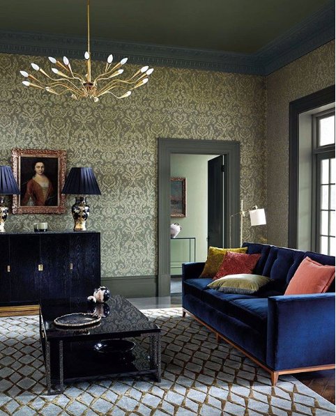 Our 1960s Italian ceiling light in the <a href="/zoffanyfw/">Zoffany</a> Brocatello Olivine Wallpaper - #Damask collection. Image cred #Zoffany - beautiful styling by <a href="/alyce/">alyce</a>.taylor.stylist photography by <a href="/chriseverard/">Chris Everard</a>

#midcenturyinteriors