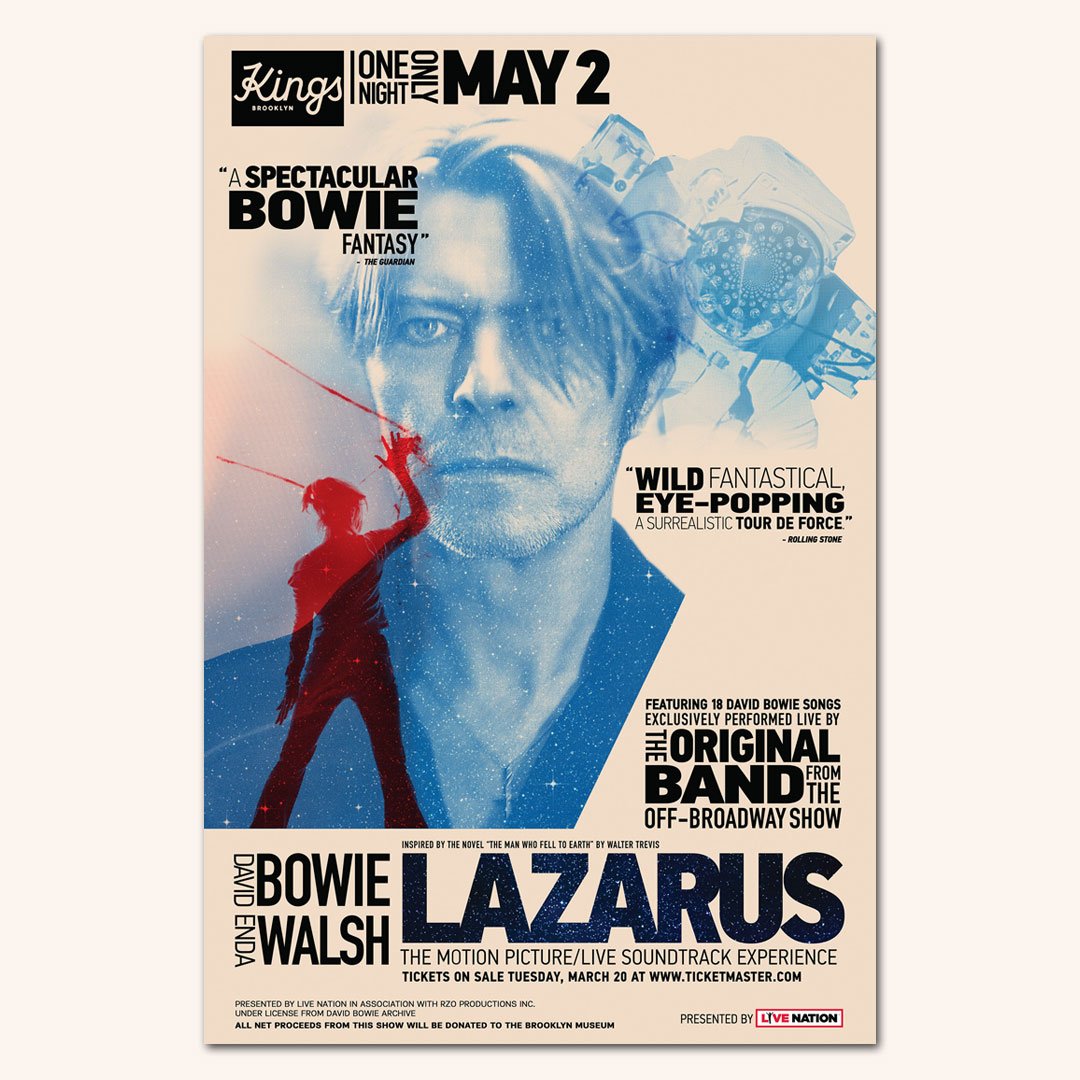 DavidBowieReal's tweet photo. Lazarus the Motion Picture/live soundtrack experience, with performance by original band from the off-broadway show by David Bowie &amp; Enda Walsh. One-off May 2 at the Kings Theatre in Brooklyn. Tickets TOMORROW, March 20 at https://t.co/C9YbiC9O8N - PR here https://t.co/SzVWPd6zB3 https://t.co/JQR34KdS0c