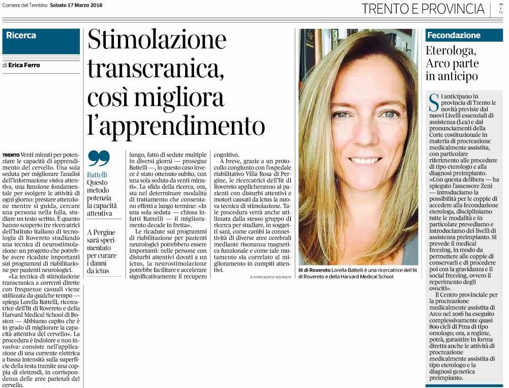 IITalk's tweet photo. In prima pagina su #CorriereDelTrentino con il team di Lorella Battelli del centro IIT di Rovereto per lo sviluppo di una tecnica per migliorare l’apprendimento #postictus https://t.co/B930JOFtpz