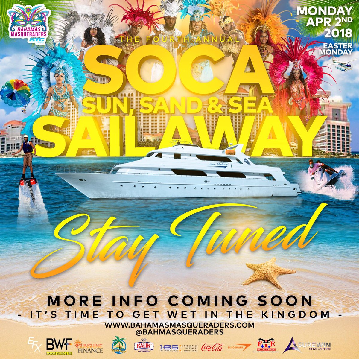 BahMasqueraders's tweet photo. You know it’s only one way to celebrate the Easter Monday Holiday and that’s with the Bahamas Masqueraders! [🎉] 

Our 4th Annual SOCA Sun, Sand &amp; Sea SAILAWAY takes place on Monday, April 2nd! Stay tuned for more info! [🛥] https://t.co/3v7Vj1LayK