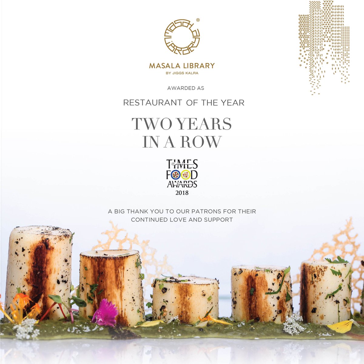 MasalaLibrary's tweet image. Two years in a row, “Restaurant Of The Year” by #TimesFoodAndNightlifeAwards2018. A big thank you to our guests, family and friends for their continued patronage, support and appreciation.
#MasalaLibraryByJiggsKalra #NewDelhi