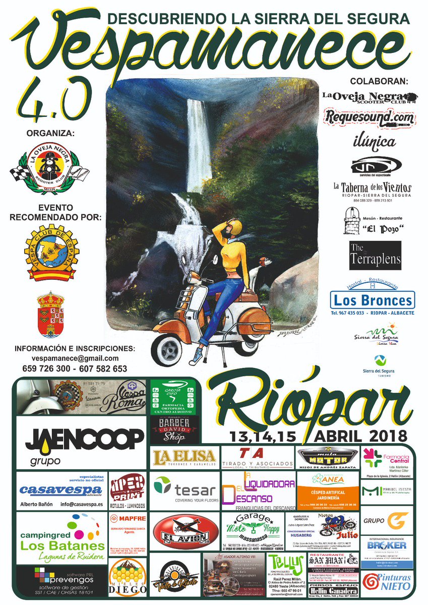 vespamanece's tweet photo. Vespamanece 4.0 Riópar. 13,14,15 abril 18

Organizador S.C. OVEJA NEGRA HELLÍN

INFORMACIÓN E INSCRIPCIONES
https://t.co/SgcL7Ypn42 

RUTAS
Sábado 14 abril 2018
https://t.co/2RXcopFTRz 

Domingo 15 abril 2018
https://t.co/ytLnFBR60p 

¡Esto es un sin Dios! https://t.co/w5BVbWFKbo https://t.co/3w2xZ2Hmpi