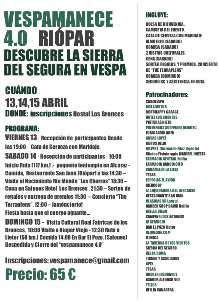 vespamanece's tweet photo. Vespamanece 4.0 Riópar. 13,14,15 abril 18

Organizador S.C. OVEJA NEGRA HELLÍN

INFORMACIÓN E INSCRIPCIONES
https://t.co/SgcL7Ypn42 

RUTAS
Sábado 14 abril 2018
https://t.co/2RXcopFTRz 

Domingo 15 abril 2018
https://t.co/ytLnFBR60p 

¡Esto es un sin Dios! https://t.co/w5BVbWFKbo https://t.co/3w2xZ2Hmpi