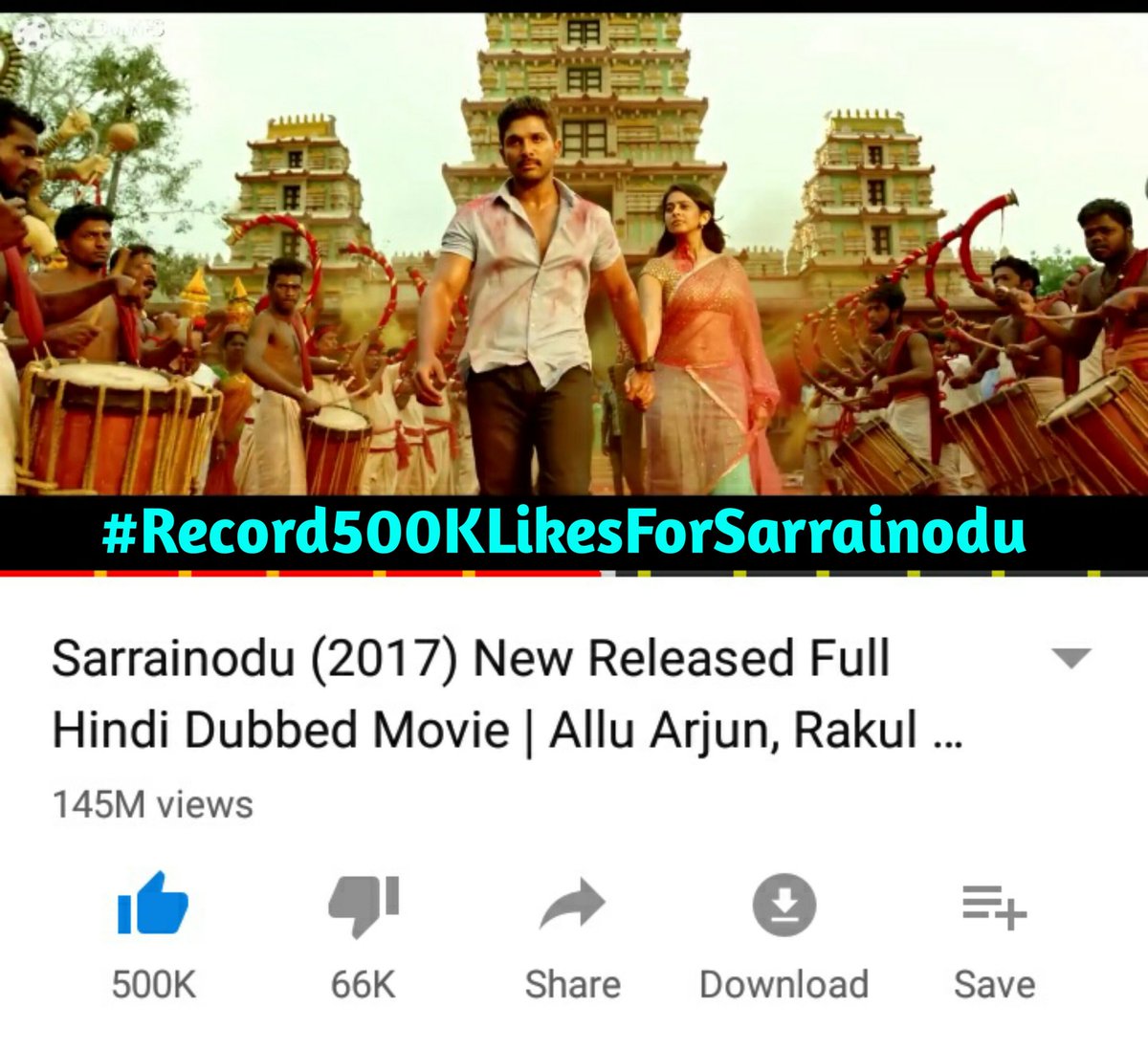 allu__anil's tweet photo. Most Liked Indian Movie 500K+ Likes &amp; 145M views🔥🤘
 #Record500KLikesForSarrainodu 
@alluarjun @TrendsAlluArjun  @AlluArjunHCF @SSAAfanclub https://t.co/E9SRXr85nd