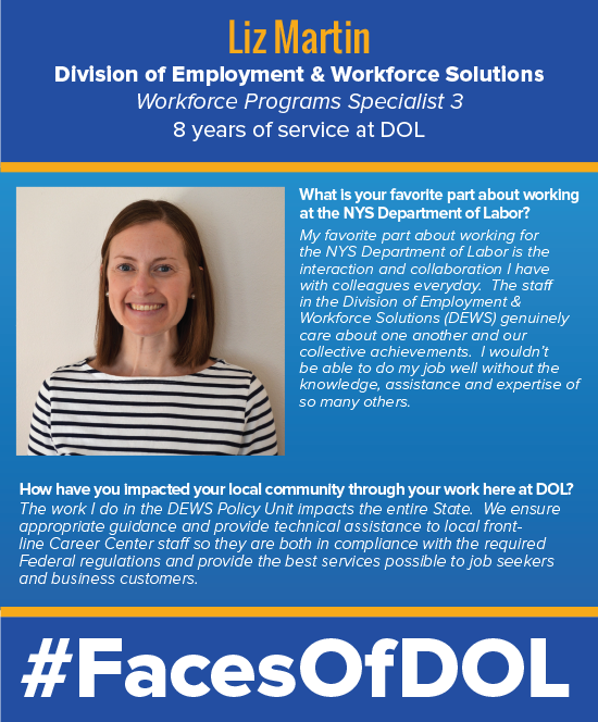NYSLabor's tweet photo. Happy Monday! Check out our latest #FacesOfDOL nominee, Liz Martin! #NYLabor #MondayMotivation https://t.co/3zcYupBS7C
