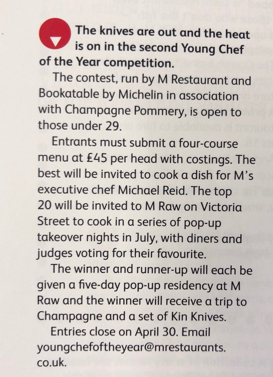 CentralLondonKF's tweet photo. The heat is on for the 2nd #YoungChefoftheYear competition run by @mrestaurants_ in #Victoria. Open to those under 29, entrants must submit a 4 course menu. The winner & runner up will each be given a 5 day pop up residency at #MRaw on #VictoriaStreet. Entries close on 30 April. https://t.co/iATxvDWrUj