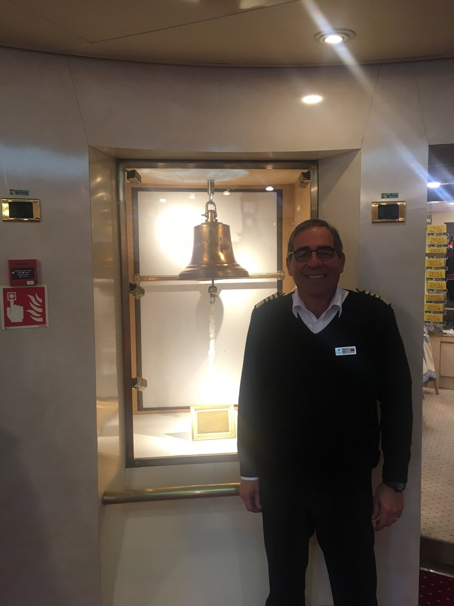 Captain Morias ms Astoria with original ship’s bell on inaugural cruise call to Belfast for 2018 Season @HamiltonShipPSL