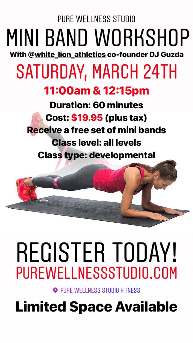 Hey Edmonton! We still have a few spots remaining in our Mini Band Workshop on March 24th with <a href="/WhiteLionAthl/">White Lion Athletics</a> co-founder DJ Guzda. 

Register TODAY! 
purewellnessstudio.com