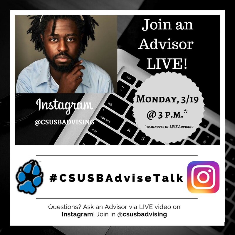 CSUSB Tutoring (@csusbtutoring) on Twitter photo Hey 'Yotes, Michael from Advising and Academic Services will be hosting a live stream on Instagram! Be sure to go and comment your questions! Join him LIVE Monday, 3/19 at 3pm.
<a href="/CSUSB_Advising/">CSUSB Advising</a> Hey 'Yotes, Michael from Advising and Academic Services will be hosting a live stream on Instagram! Be sure to go and comment your questions! Join him LIVE Monday, 3/19 at 3pm.
<a href="/CSUSB_Advising/">CSUSB Advising</a>