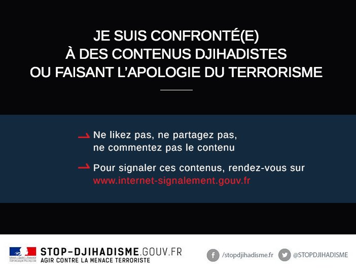 ⚠️ Aucune tolérance à l’égard des messages djihadistes qui circulent sur le web ⛔ Agissez et signalez-les sur #Pharos 👉internet-signalement.gouv.fr/PortailWeb/pla…