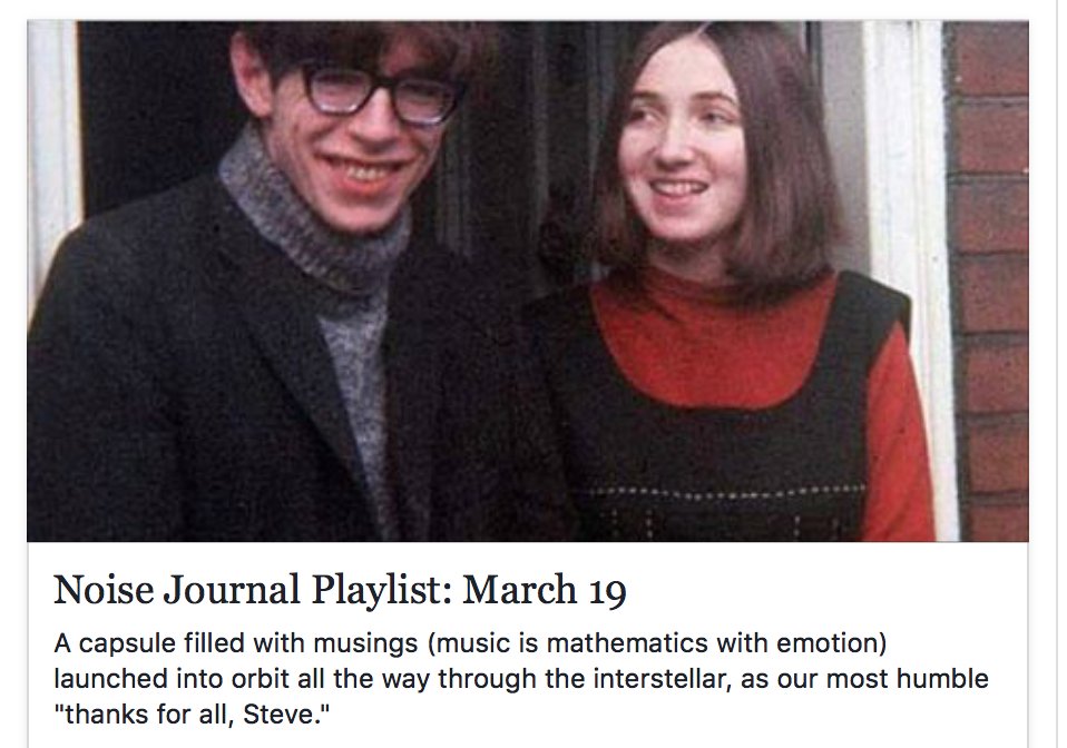 This new music feature by <a href="/TheNoiseJournal/">Noise Journal</a> pays tribute to Stephen Hawking, The Man Who Fell to Earth. It features goodness from <a href="/KiniNoise/">Kini</a> <a href="/TimothyDark/">Timothy Dark</a> @SoftScienceBand @SprayPopMusic <a href="/System_Corp/">System Corporation</a> and Moonshine Booze via <a href="/SeahorseRec/">Seahorse Recordings</a> ~ noisejournal.com/2018/03/noise-… <a href="/SublunarSociety/">The Sublunar Society</a>