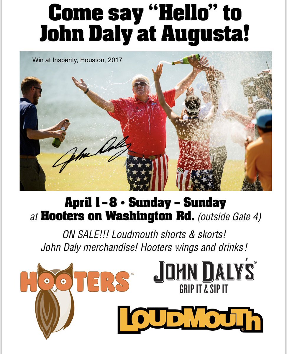 PGA_JohnDaly's tweet photo. Y’all looking to sport some @LoudmouthGolf &amp; Lion Gear at the Masters?! Come see me @HootersAugusta @Hooters (2834 Washington Rd) April 1-8 Sun-Sun &amp; buy ya some ...while you’re there try @JohnDalysDrinks ! All good fun!🏌🏽#GripitandRipit #Augusta #golf #gear #swag #shop #drinks https://t.co/sW21nPFi92
