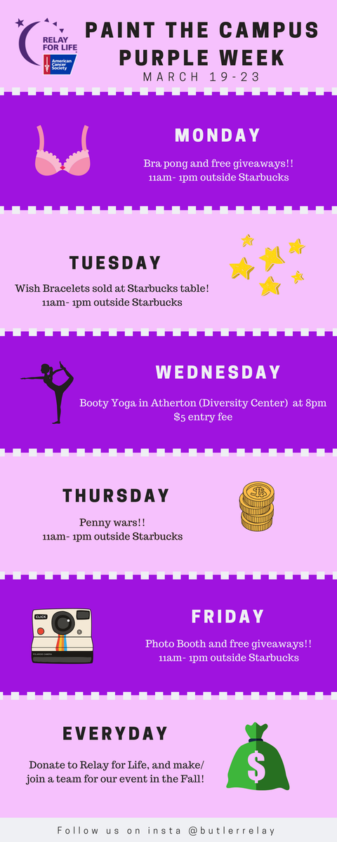 Welcome back from break! This week we have you covered for reasons not to study. Paint the Campus Purple week kicks off today, see you at starbucks!