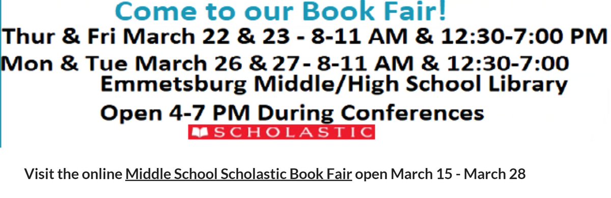DeeHellmich's tweet photo. The MS/HS Book Fair is coming! We would enjoy seeing you there! 
Help needed -  set-up March 21 - 1:30-4:00 
Packing it up after P/T conf. on March 27 - 7:00-8:00
#ehawkpride #EhawkMS https://t.co/VQzYBCpCuo