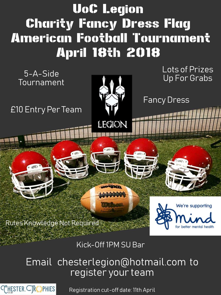 ChesterLegion's tweet photo. The UoC Legion are hosting the Chester Uni charity flag american football tournament on Wednesday the 18th of April. 
If you’re keen, grab 4 friends and register your interest with by emailing chesterlegion@hotmail.com 
It’s £10 per team of 5 and all proceeds are going to charity https://t.co/z9ZhDUb6rC