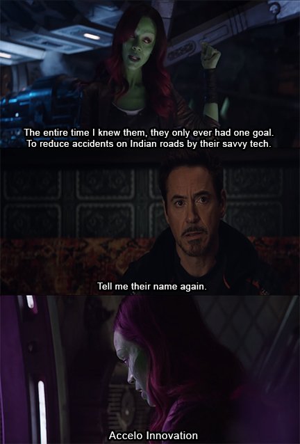 Even Gamora knows...
#InfinityWarTrailer2 #InfinityWar #Avengers #TonyStark #IronMan #AcceloInnovation #Thanos #RoadSafety