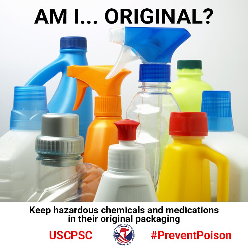 A group of cleaning products without labels. There's a question at the top "Am I original?" The rest of the text says, "Keep hazardous chemicals and medications in their original packaging."