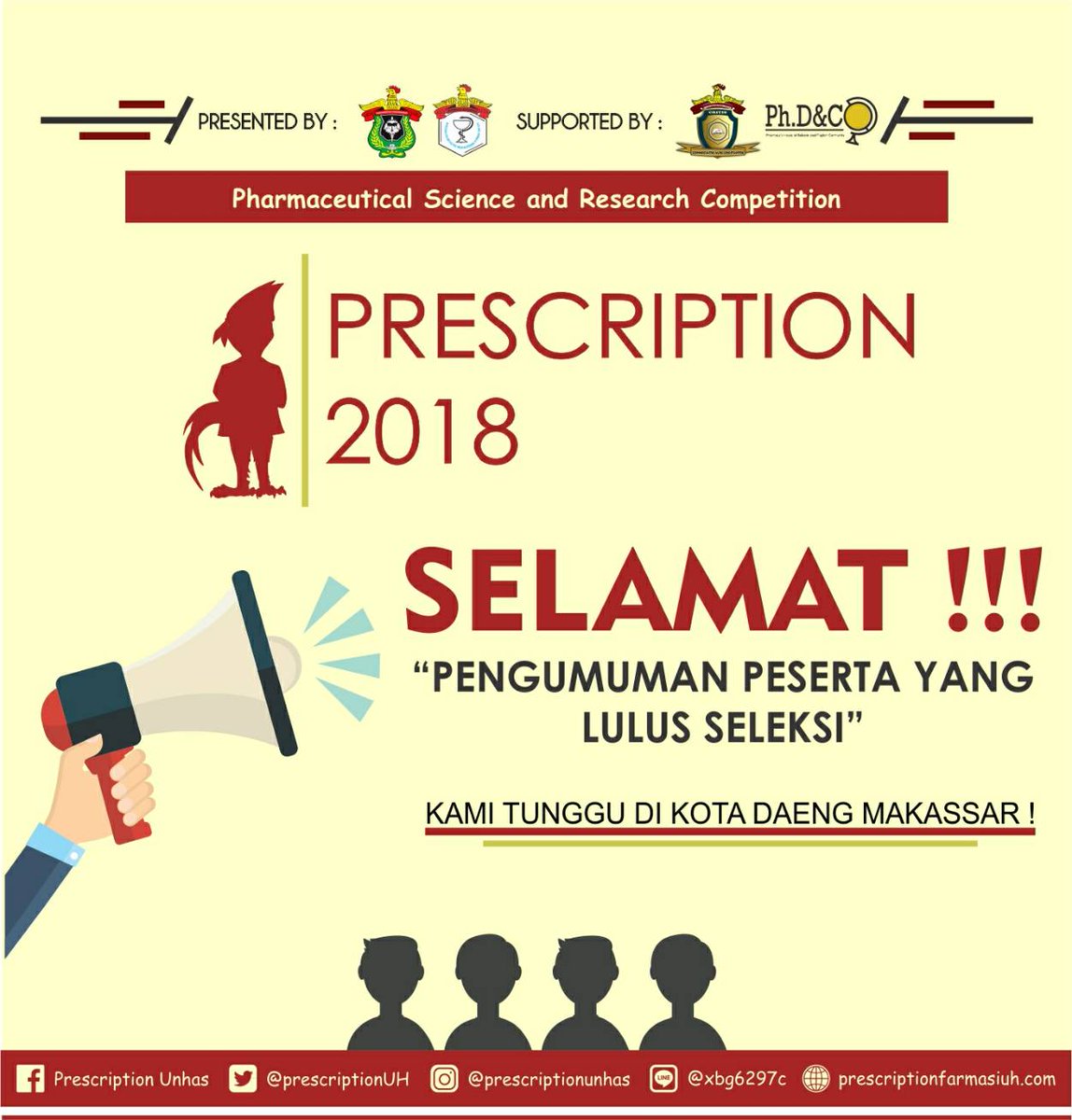 Assalamualaikum wr.wb
Hi sahabat prescription

Terima kasih telah berpartisipasi dalam Lomba Prescription 2018
Setelah melalui serangkaian proses seleksi, maka kami dari panitia PRESCRIPTION 2018 mengucapkan SELAMAT kepada peserta yang telah Lulus.

Terima kasih atas perhatiannya