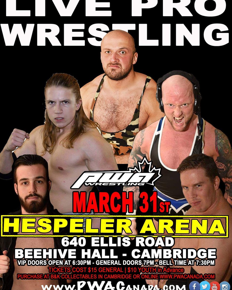 Easter is going to be even better this year than last #Cambridge because we have a #PWACanada Live Pro Wrestling event taking place. March 31st 7pm at the Beehive Hall inside the #hespelerarena. $2 off each ticket and 100% of the concessions will be donated to the Optimist Club