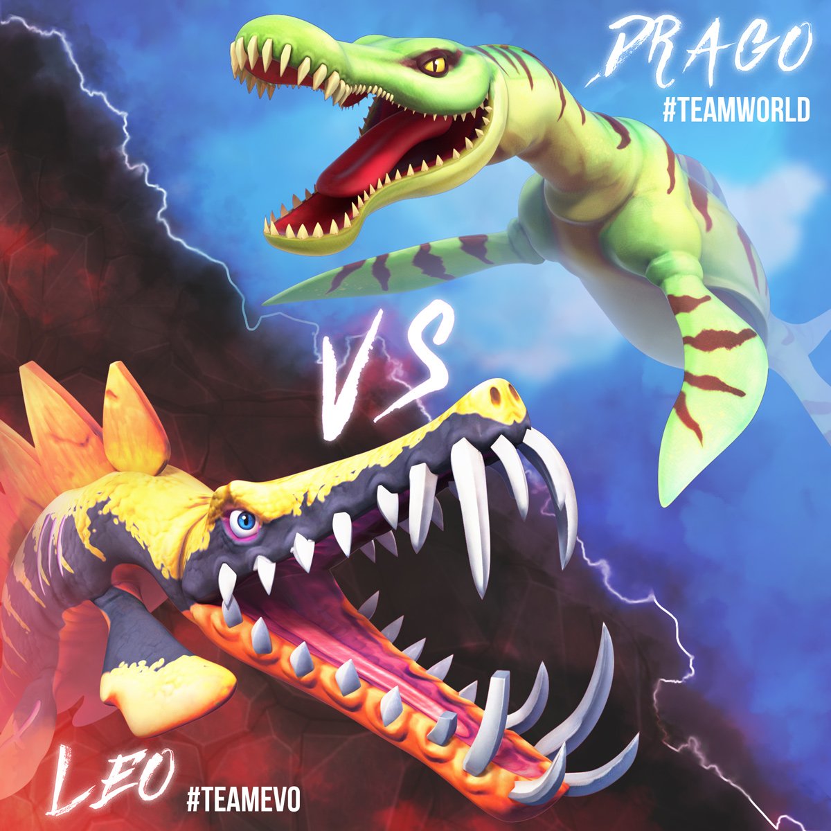 🤜DINOSHARK BATTLE!!🤛
Are you part of #TeamEvo or #TeamWorld?
Reply and vote for Leo or Drago!
LET THE #HUNGRYSHARK FIGHT BEGIN!