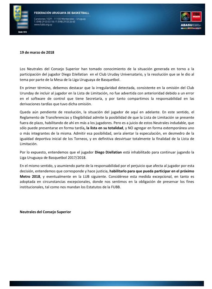 banewur's tweet photo. Se resolvió que @diegodjellatian quede inhabilitado para el resto de la #LUB. En forma excepcional, se lo habilitará para que pueda disputar #ElMetro. https://t.co/QHgRqi1eIH