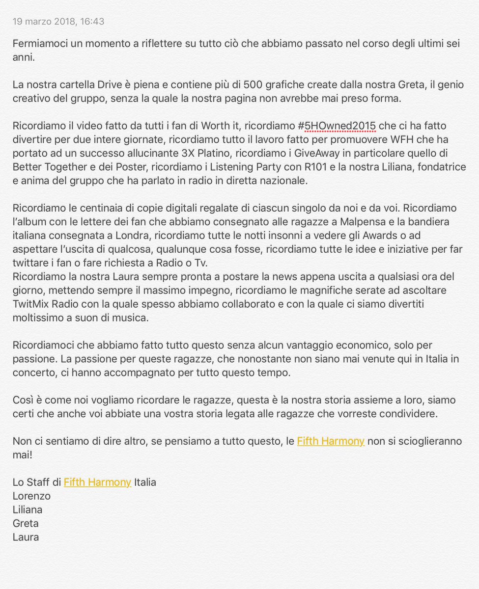 FifthHarmonyITA's tweet photo. Abbiamo cercato in queste poche righe di riassumere i nostri ultimi 6 anni. Speriamo vi piaccia il nostro pensiero che ci piacerebbe condividere. 
#ThankYouFifthHarmony #ItalyLovesFifthHarmony https://t.co/UncfEKNpJH