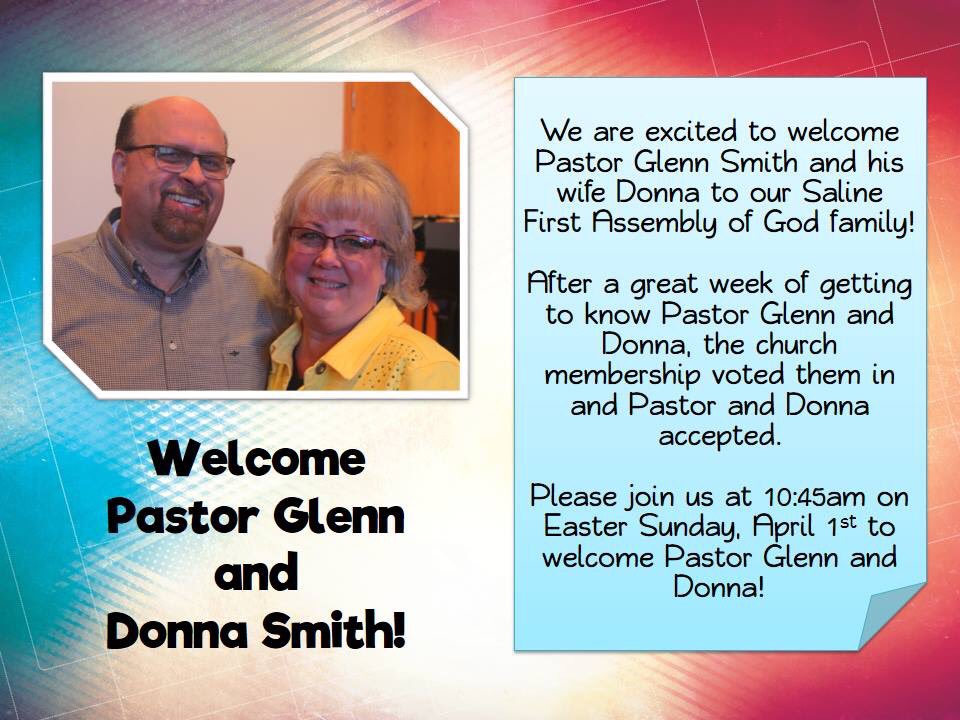 SalineAG's tweet photo. We have some exciting news!  Please welcome Pastor Glenn and Donna Smith to our Saline AG Family!  Pastor Glenn was voted in and accepted the position of Senior Pastor! https://t.co/ClMQ6utbe7
