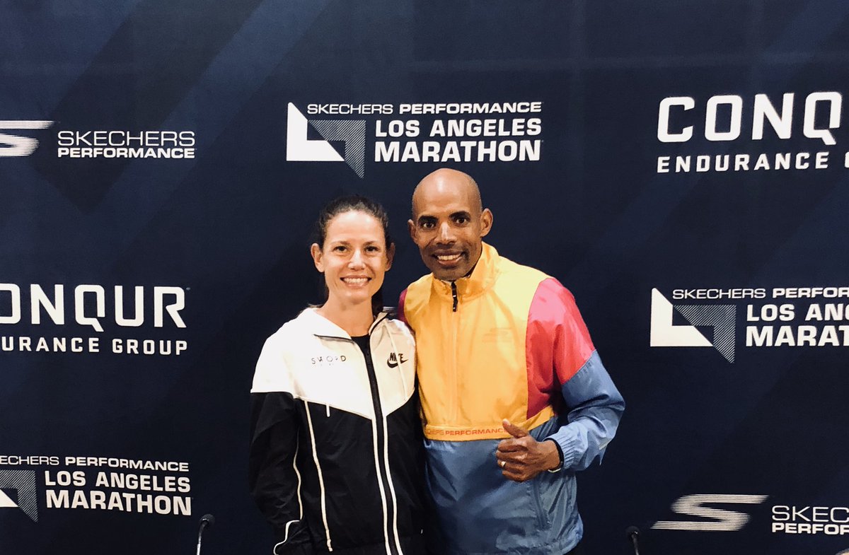 When you finish as top American 🇺🇸 with a 4 minute personal best (2:34:47), you get to sit next to <a href="/runmeb/">meb keflezighi</a> at the post race press confrence!! Congrats on a great race <a href="/veggierebel_rd/">Christina Vergara RD</a> 🙌🏼 #LAMarathon