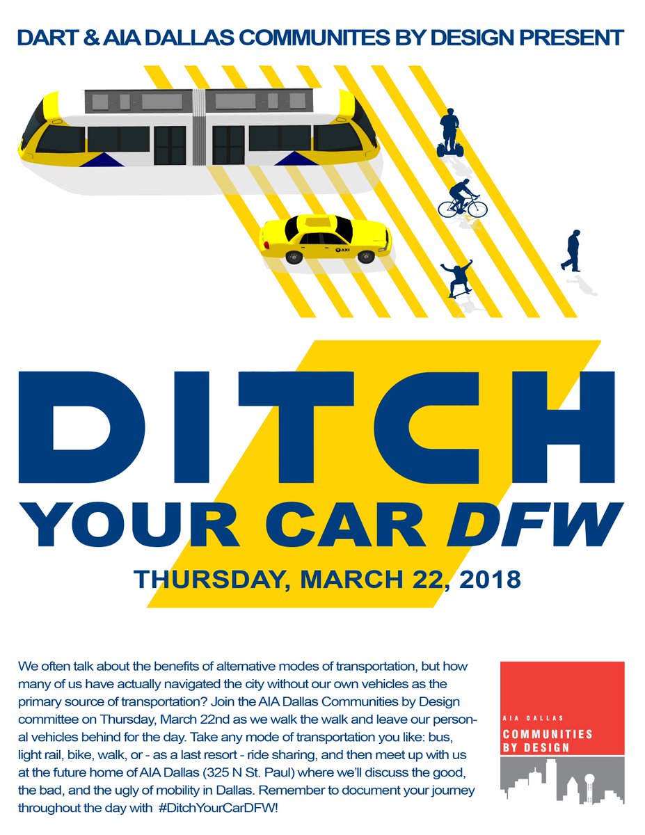 We often talk about the benefits of multi-modal transportation, but how many of us have actually navigated Dallas without our own vehicles as the primary source of transportation? Join us on Thursday for #DitchYourCarDFW as we leave our cars at home. aiadallas.org/v/event-detail…