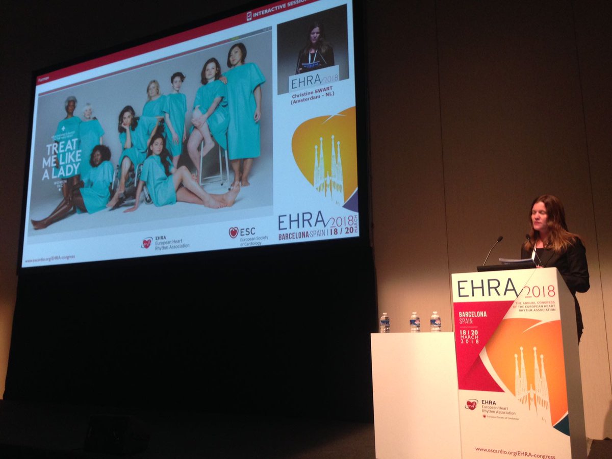 Vol trots staan wij vandaag op het congres van de European Heart Rhythm Association ❤️ in Barcelona! Managing director <a href="/Christine_Swart/">Christine Swart</a> vertelt over ons streven naar een gendersensitieve zorg en onze campagne 'Behandel me als een dame' 💪 #TreatMeLikeALady #EHRA2018 <a href="/escardio/">European Society of Cardiology</a>