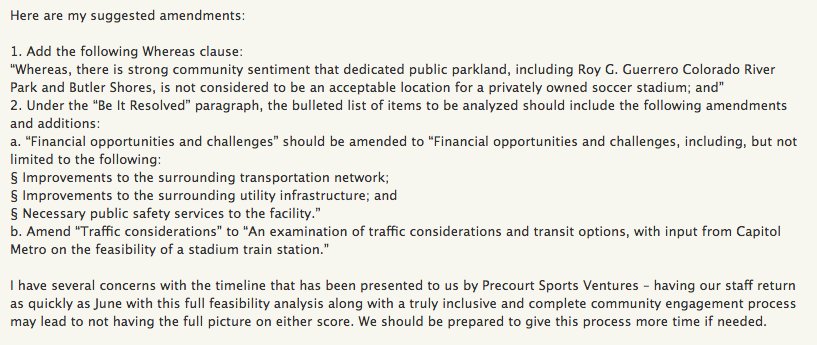 ChrisBils's tweet photo. On the #ATXCouncil message board, @LesliePoolATX suggests amendments to McKalla Place resolution. Says she'd like to be present for discussion, but is prepared for resolution to move forward on Thursday.  https://t.co/hZJvvGt0GK #MLS2ATX #SaveTheCrew https://t.co/5xwW28Yhz3