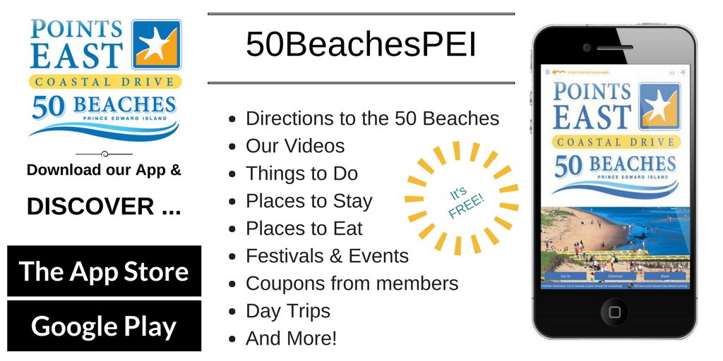 PointsEastDrive's tweet image. Dreaming about a summer visit to eastern PEI?  Download our free APP and have a ton of information - right at your fingertips! #50BeachesPEI