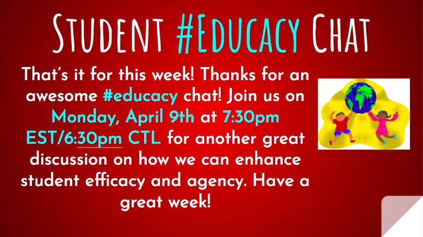hargrove_edu's tweet photo. Thanks for stopping in this week! This #educacy chat has been great! Join us on Monday, April 9th at 7:30pmEST/6:30pmCTL for another great discussion on how we can enhance student efficacy and agency! Have a great week! https://t.co/xeDcpLQho1