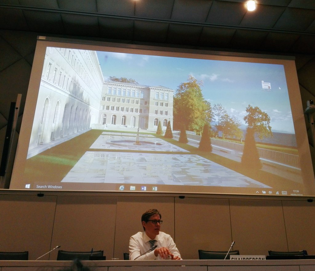 Last session of the day from the <a href="/wto/">WTO</a> on Legal Dispute Settlement for the students of <a href="/UAntwerpen/">UAntwerpen</a>. And oh, what a nice view from the offices here (check screen!) <a href="/WTODGAZEVEDO/">Roberto Azevêdo</a>