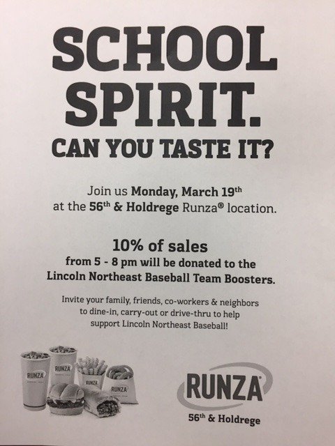 LNE Baseball Boosters at Runza tonight.  Come support!