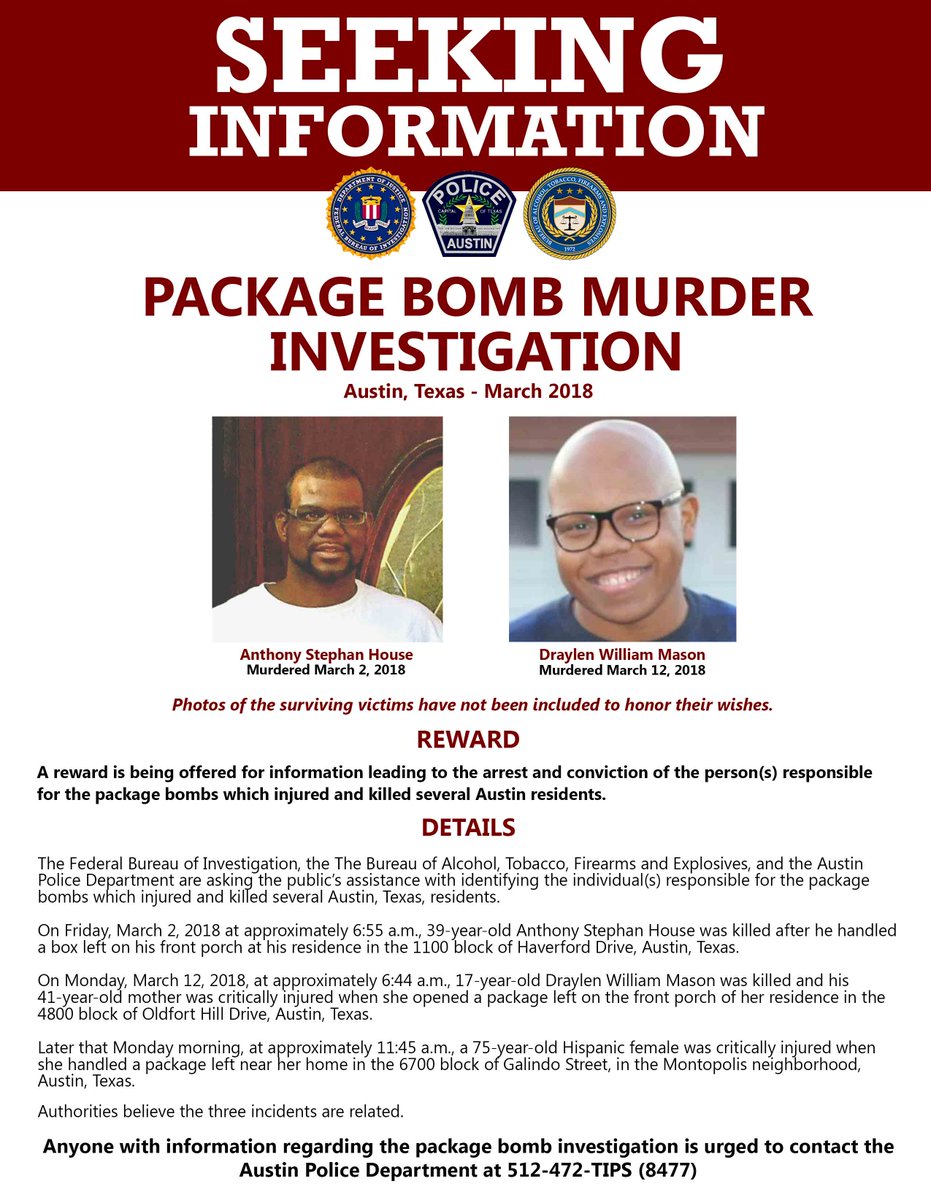 #FBI, <a href="/ATFHou/">ATF Houston</a>, &amp; <a href="/Austin_Police/">Austin Police Department</a> offering a reward of up to $100K for info leading to the arrest &amp; conviction of person(s) responsible for the package bombs which recently injured &amp; killed several Austin residents. Call 512-472-TIPS (8477) w/ tips. fbi.gov/contact-us/fie…