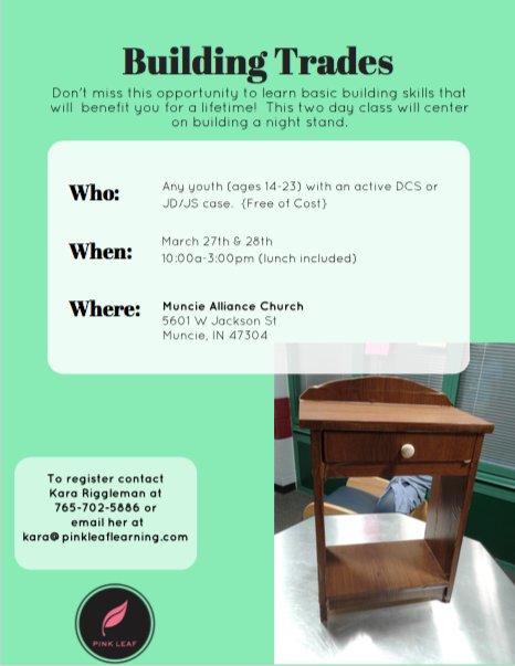 Pink_Leaf_IN's tweet photo. We are still accepting referrals to this open camp in Muncie during Spring Break!  Don't miss this opportunity to learn some practical building skills and leave with your own, handmade night stand! https://t.co/hsaVlCbmjP