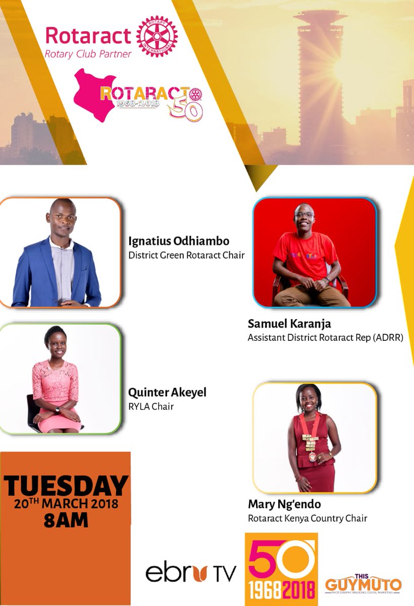 J_Harsam's tweet photo. Catch up with these incredible Rotaractors @ngendo_ @shepherd_254 @IOdhiambo @quinterakeyel on @EbruTVKenya tomorrow morning ☺
@rotaract_kenya @rotaractdca9212 @RylaD9212Ke @RotaractKarura @RCNC_ROTARACT @ctfkagz https://t.co/gzO99RnLeT