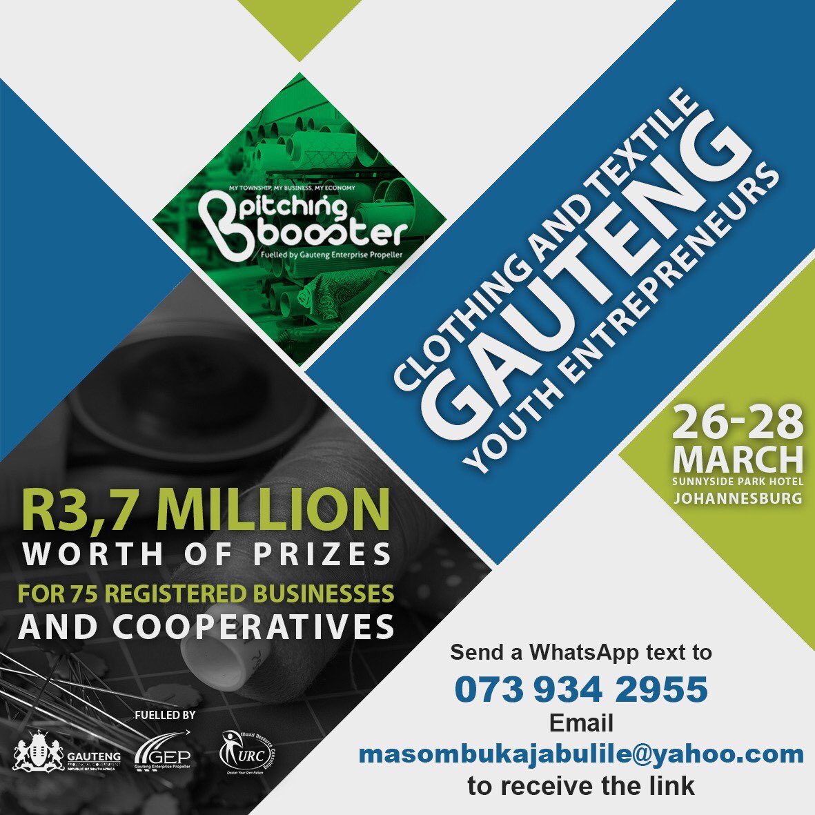 theeMzwandile's tweet image. R3,7 M in prizes up for grabs for Gauteng based Youth owned Textile and Furniture manufacturers apply here: goo.gl/forms/gDspRTpl… Cc @tumisole @djsbu @KhanyiDhlomo @JustKholii_ @Karabo_Mokgoko @DocSindi