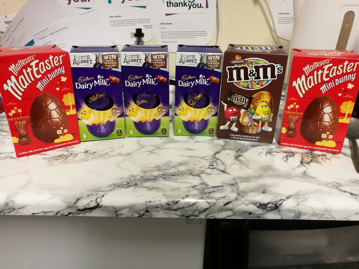threecareers's tweet photo. Well done to our #Greenock store team for providing such celebrity service that a customer treated the whole team to Easter eggs. Don’t eat them all at once! https://t.co/kx7o7HxQup