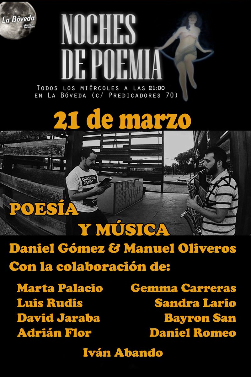 Este miércoles a las 21:00, en La Bóveda (Zgz), presentarán su nuevo trabajo #DanielGómez y #ManuelOliveros. 
Un placer poder acompañarles.
Nos vemos!