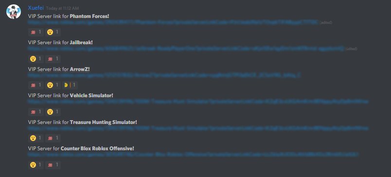 Xuefei On Twitter Another Incentive For Joining My Discord Server Is Getting To Use All Of These Vip Server Links On Popular Roblox Games For Free Https T Co Qy2nrtvov9 Https T Co Dpjieyfiom - roblox phantom forces vip server links