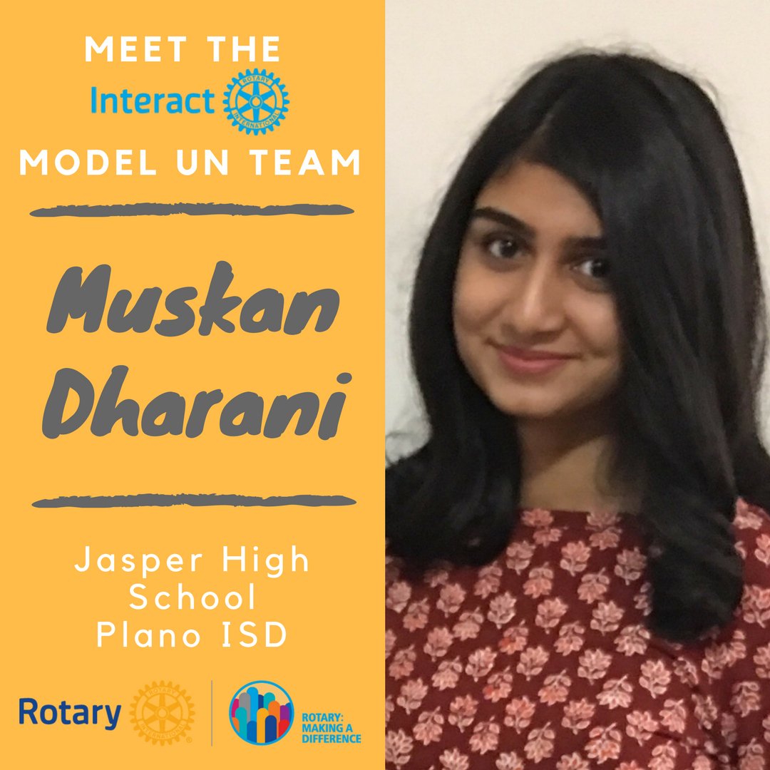 D5810Interact's tweet image. Meet #InteractUN5810 participant Muskan Dharani, a freshman at Jasper High School in Plano ISD. She loves to sing and is a member of Interact and Girl Scouts. Muskan looks forward to meeting students from diverse backgrounds at #ModelUN2018! #InteractMUN #ItsBetterWhenUNteract