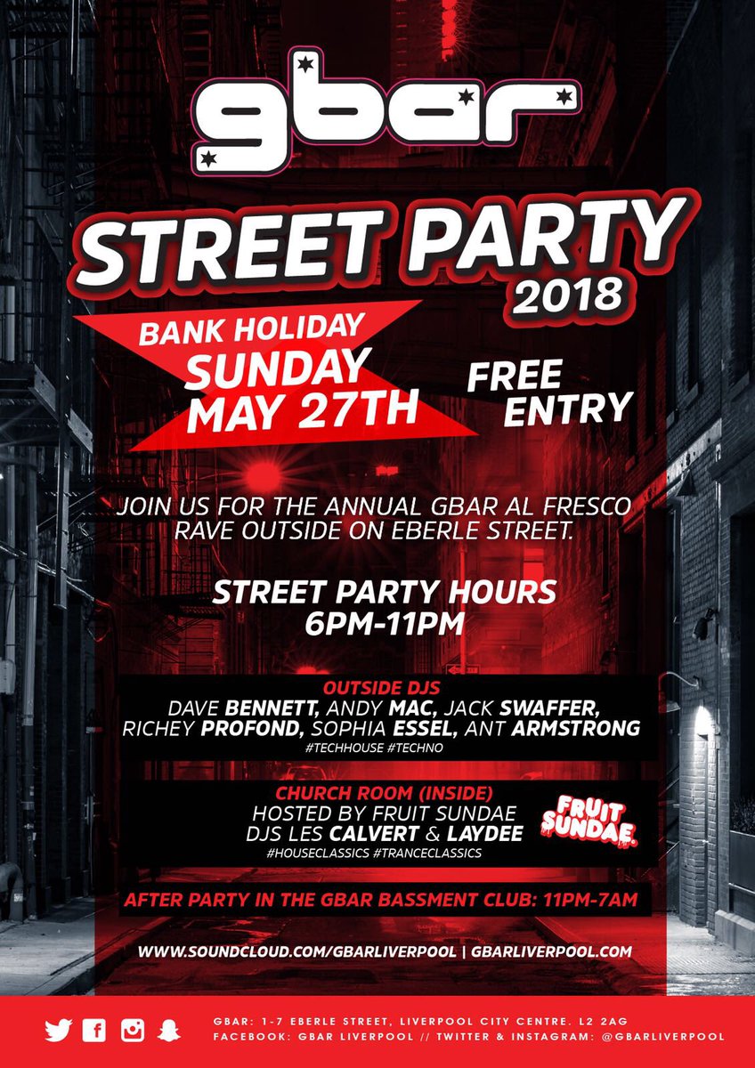 One for the diary 👀 #GbarStreetParty2018 

Bank Holiday Sunday May 27th 
Street party: 6pm-11pm
After party: 11pm-7am

DJs @djdavebennett <a href="/McGrathAndy/">Andy Mac</a> @JackSwaffer @RicheyProfond <a href="/djsophiaessel/">Sophia Essél</a> <a href="/a_armstrong92/">Ant Armstrong</a> <a href="/lescalvert/">Les Calvert</a> 

#TechHouse #Techno #HouseClassics #Trance