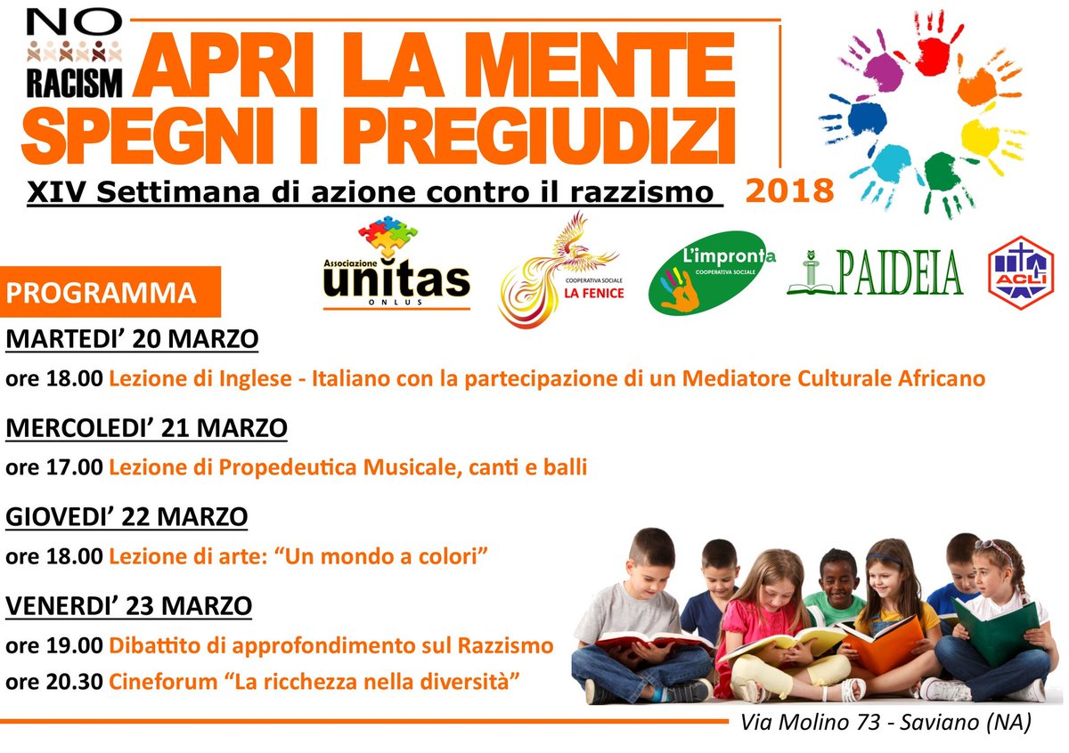 AssUNITAS's tweet image. Settimana di azione contro il razzismo 2018.
Contrastare pregiudizi e discriminazioni attraverso la promozione di attività culturali:
arte, musica, cinema e dialogo per dire NO al razzismo!